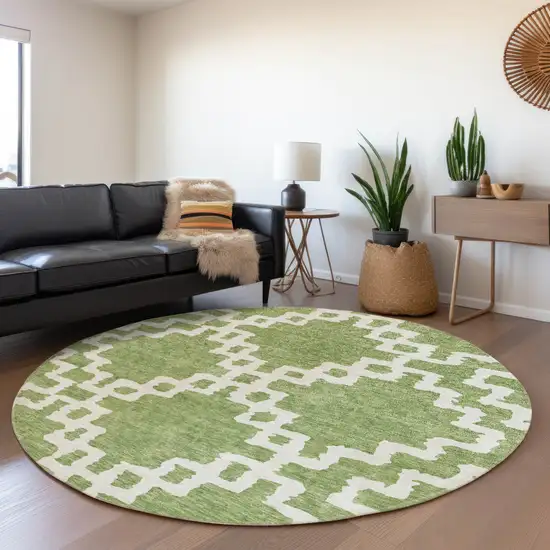 8' Artichoke Green And Ivory Abstract Geometric Washable Round Rug With UV Protection Photo 5