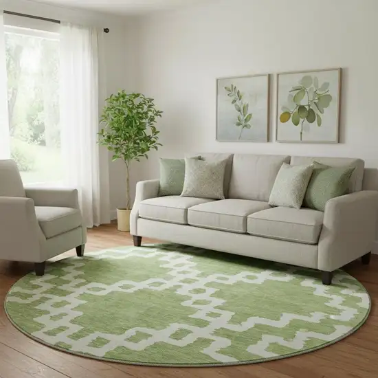 8' Artichoke Green And Ivory Abstract Geometric Washable Round Rug With UV Protection Photo 1