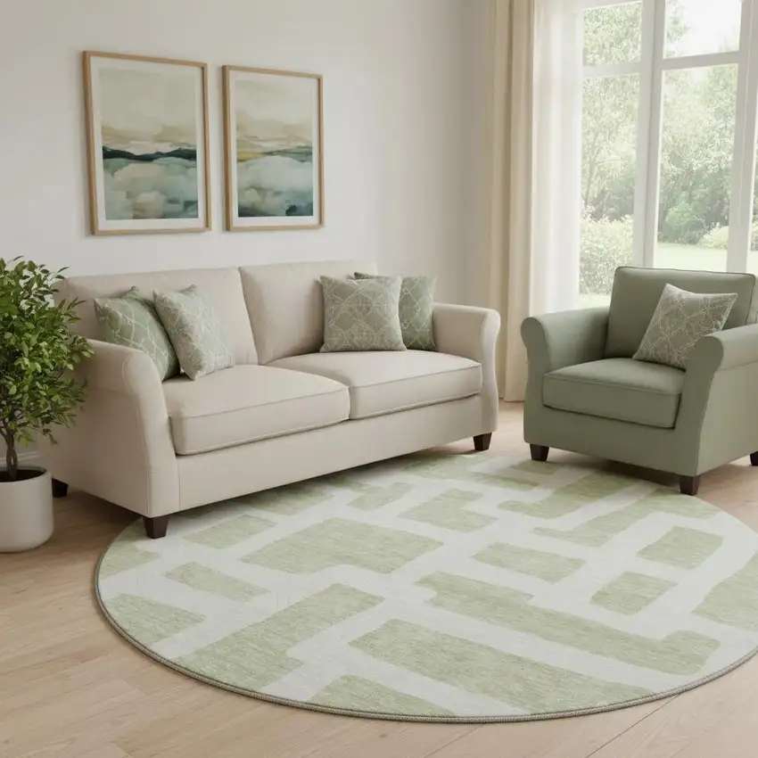 8' Artichoke Green And Ivory Abstract Geometric Washable Round Rug With UV Protection Photo 1