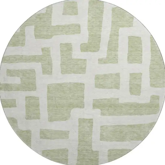 8' Artichoke Green And Ivory Abstract Geometric Washable Round Rug With UV Protection Photo 4