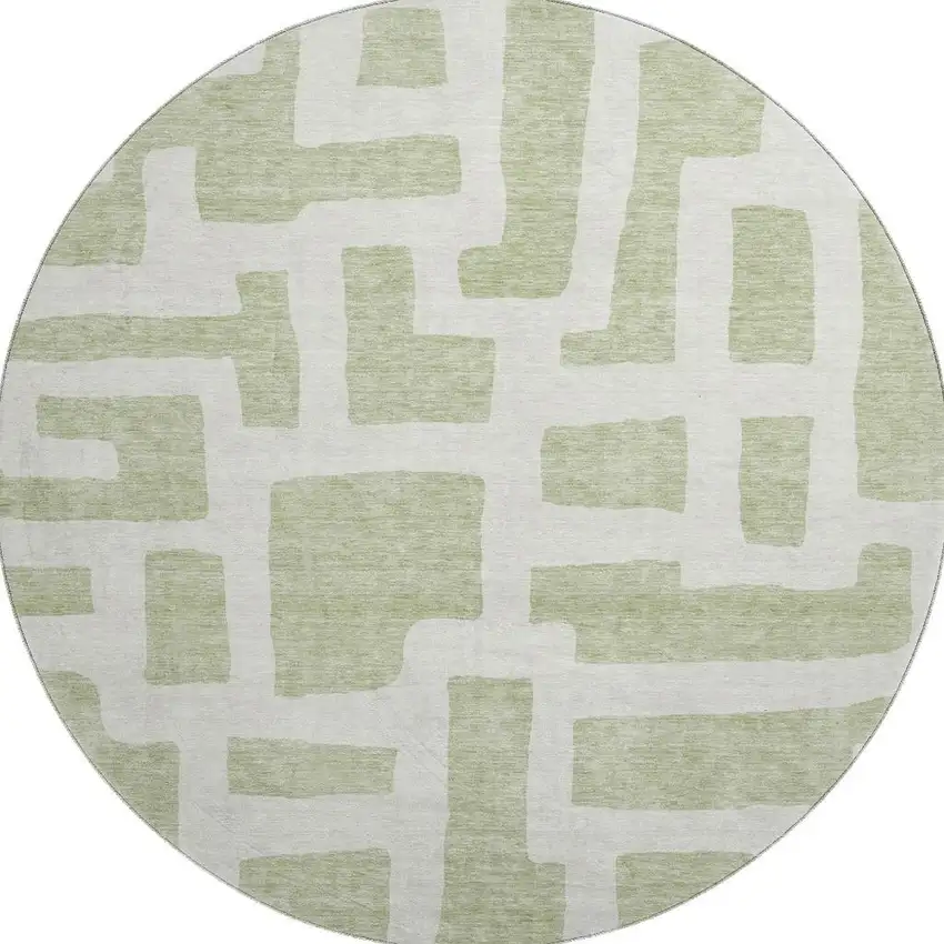 8' Artichoke Green And Ivory Abstract Geometric Washable Round Rug With UV Protection Photo 4