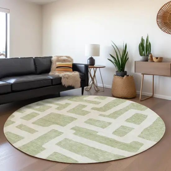 8' Artichoke Green And Ivory Abstract Geometric Washable Round Rug With UV Protection Photo 5