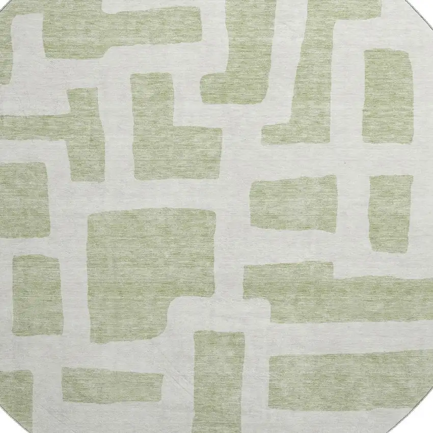 8' Artichoke Green And Ivory Abstract Geometric Washable Round Rug With UV Protection Photo 3