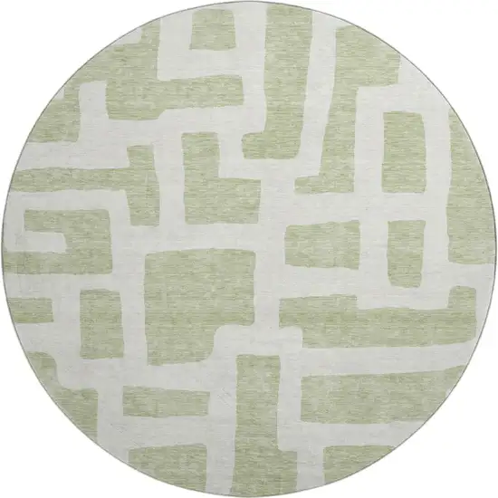 8' Artichoke Green And Ivory Abstract Geometric Washable Round Rug With UV Protection Photo 1