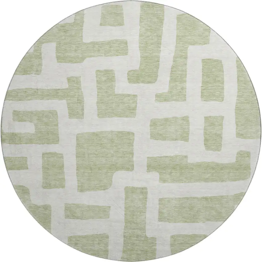 8' Artichoke Green And Ivory Abstract Geometric Washable Round Rug With UV Protection Photo 1