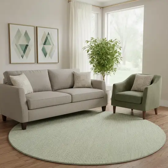 8' Artichoke Green And Ivory Abstract Geometric Washable Round Rug With UV Protection Photo 1