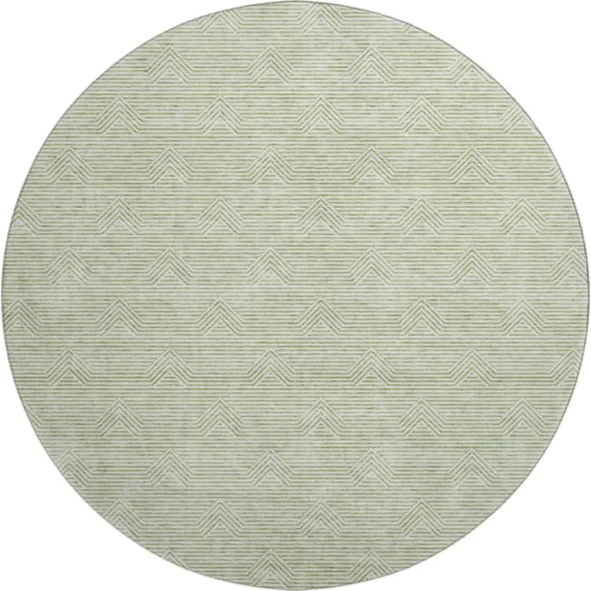 8' Artichoke Green And Ivory Abstract Geometric Washable Round Rug With UV Protection Photo 1