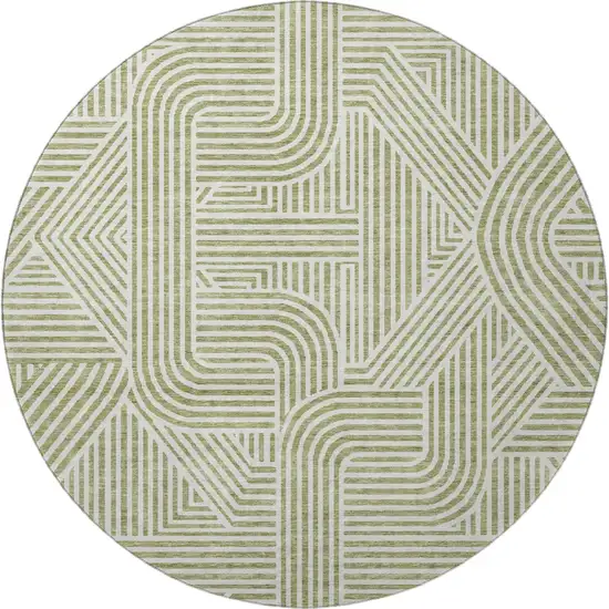 8' Artichoke Green And Ivory Abstract Geometric Washable Round Rug With UV Protection Photo 4