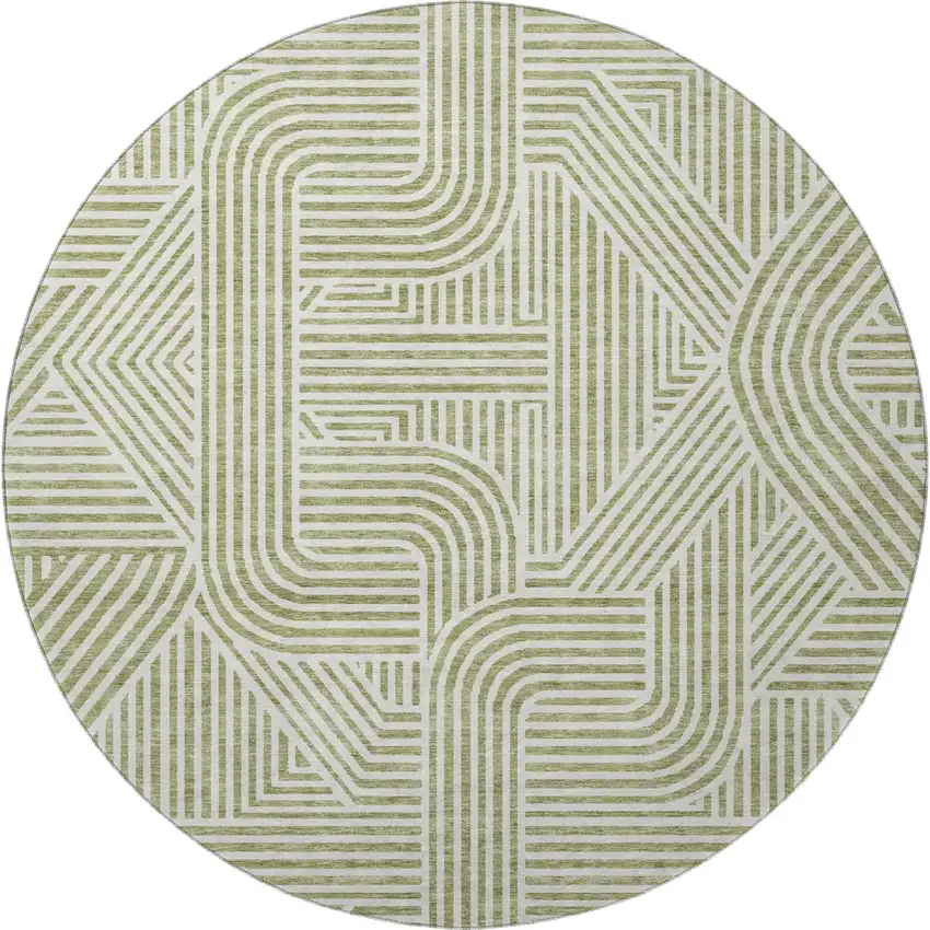 8' Artichoke Green And Ivory Abstract Geometric Washable Round Rug With UV Protection Photo 4