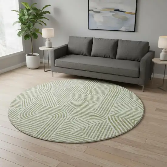 8' Artichoke Green And Ivory Abstract Geometric Washable Round Rug With UV Protection Photo 2