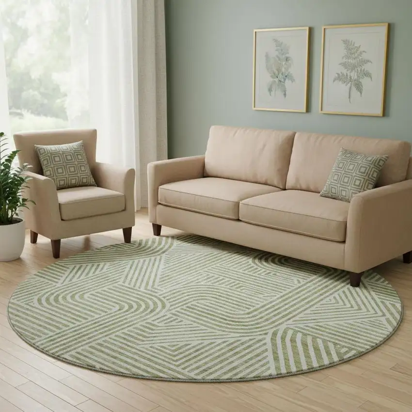 8' Artichoke Green And Ivory Abstract Geometric Washable Round Rug With UV Protection Photo 1