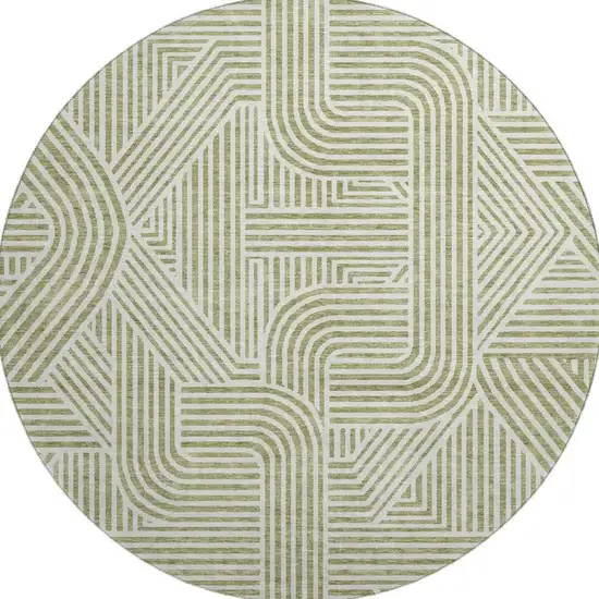 8' Artichoke Green And Ivory Abstract Geometric Washable Round Rug With UV Protection Photo 3