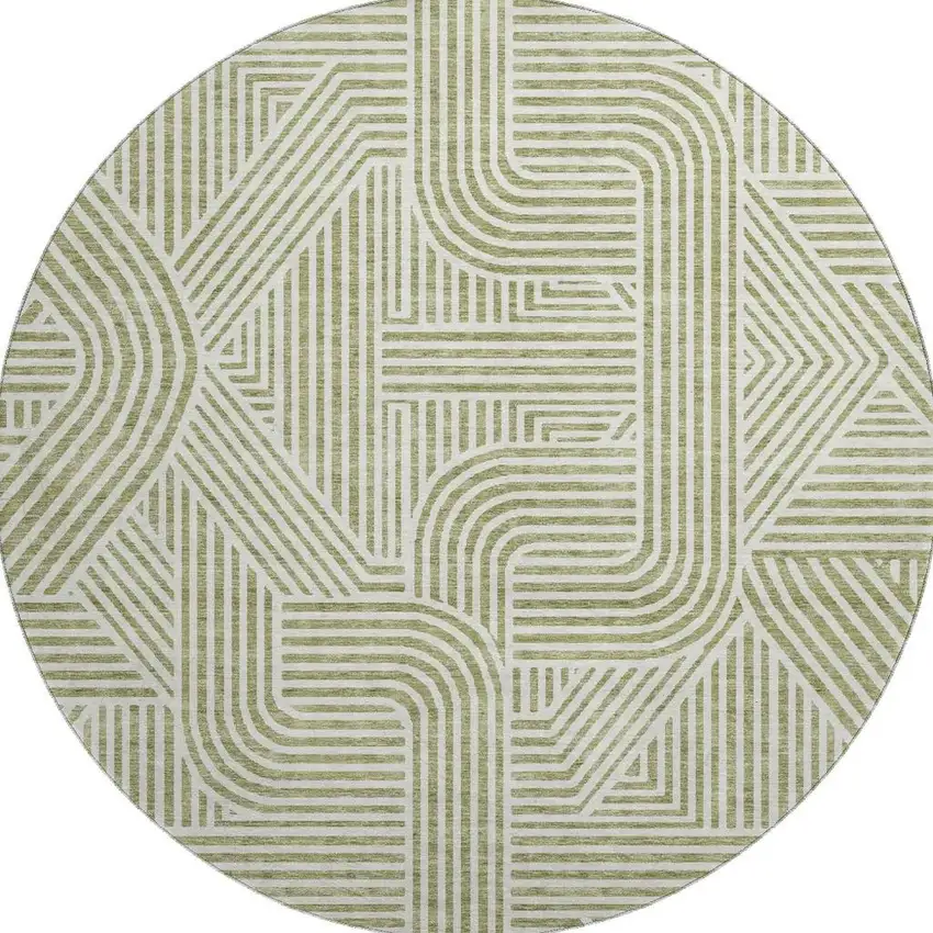 8' Artichoke Green And Ivory Abstract Geometric Washable Round Rug With UV Protection Photo 3