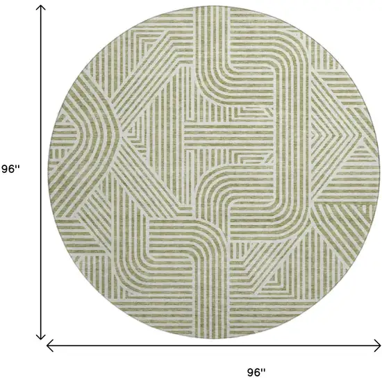 8' Artichoke Green And Ivory Abstract Geometric Washable Round Rug With UV Protection Photo 3