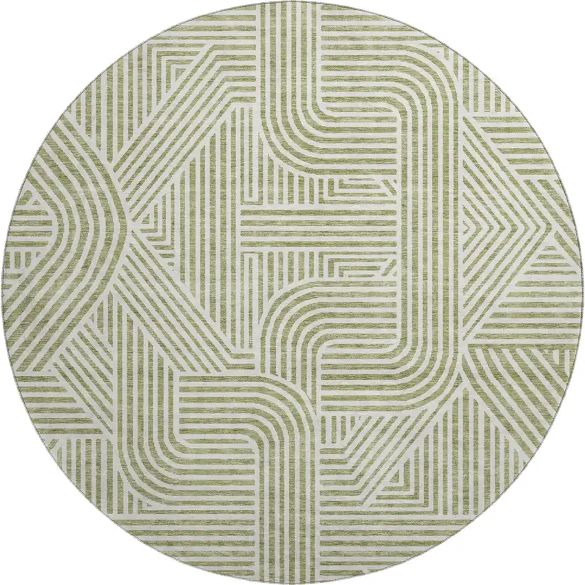 8' Artichoke Green And Ivory Abstract Geometric Washable Round Rug With UV Protection Photo 1