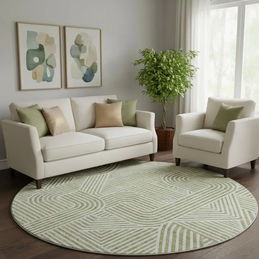 8' Artichoke Green And Ivory Abstract Geometric Washable Round Rug With UV Protection Photo 1