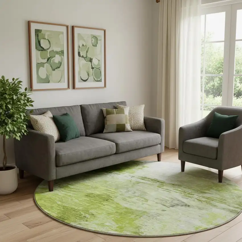 8' Artichoke Green And Ivory Abstract Washable Round Rug With UV Protection Photo 1