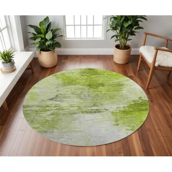 8' Artichoke Green And Ivory Abstract Washable Round Rug With UV Protection Photo 2