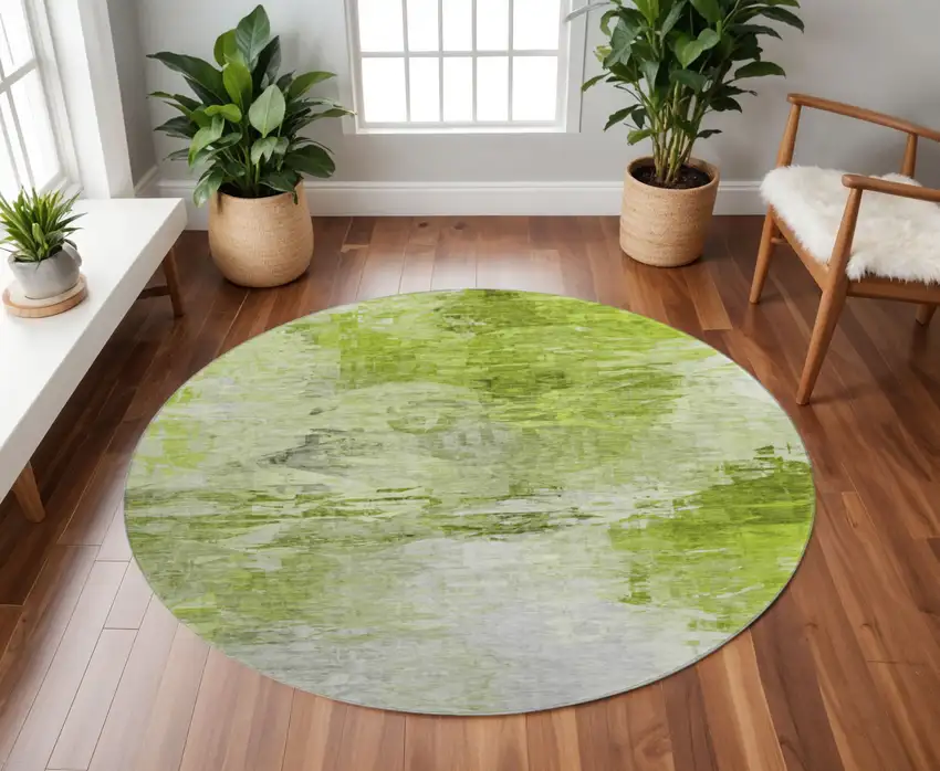 8' Artichoke Green And Ivory Abstract Washable Round Rug With UV Protection Photo 2