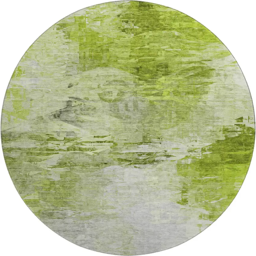 8' Artichoke Green And Ivory Abstract Washable Round Rug With UV Protection Photo 1