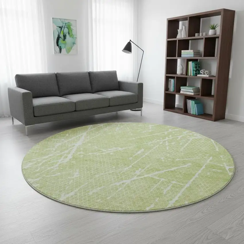 8' Artichoke Green And Ivory Abstract Washable Round Rug With UV Protection Photo 2