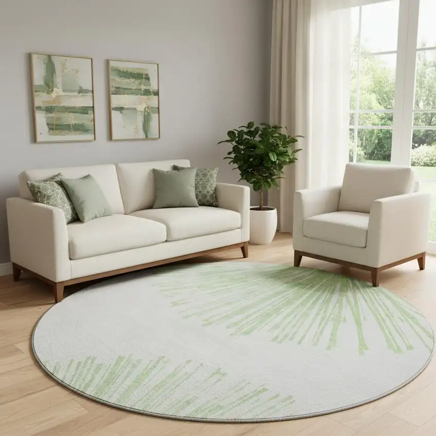 8' Artichoke Green And Ivory Abstract Washable Round Rug With UV Protection Photo 1