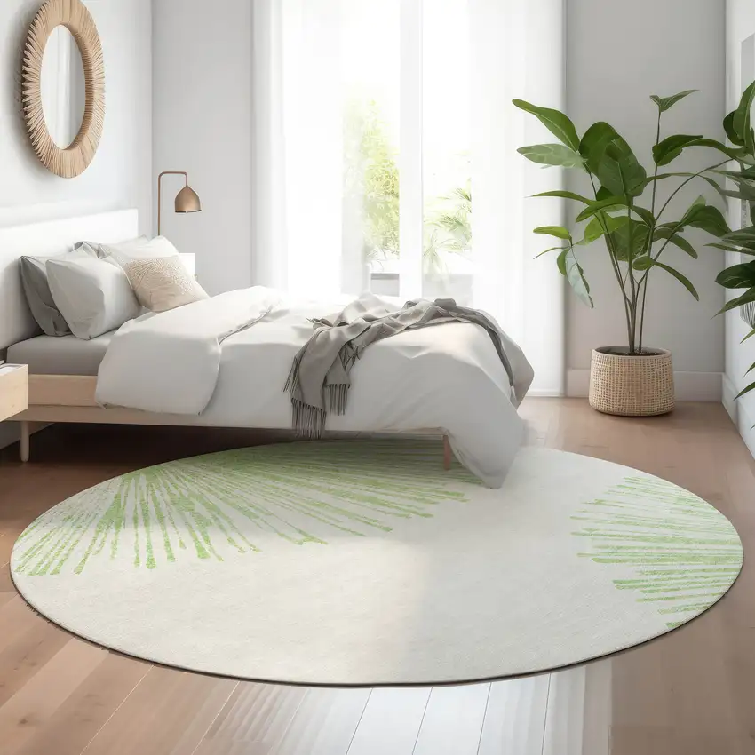 8' Artichoke Green And Ivory Abstract Washable Round Rug With UV Protection Photo 4