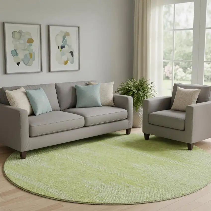 8' Artichoke Green And Ivory Abstract Washable Round Rug With UV Protection Photo 1