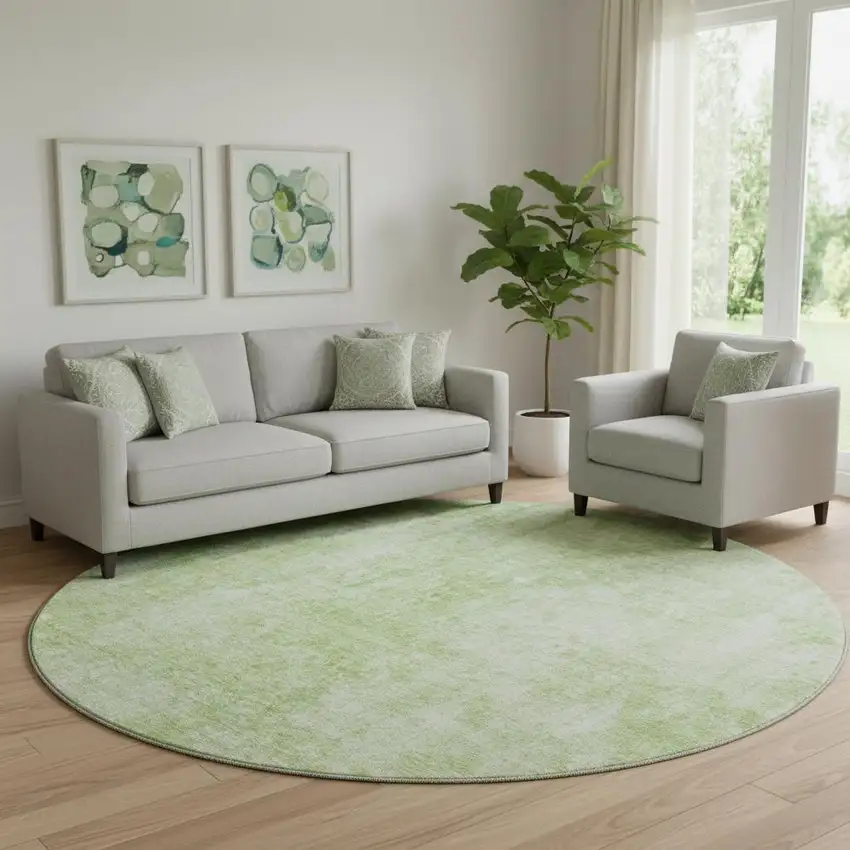 8' Artichoke Green And Ivory Abstract Washable Round Rug With UV Protection Photo 1