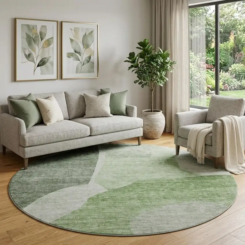 8' Artichoke Green And Ivory Abstract Washable Round Rug With UV Protection Photo 1