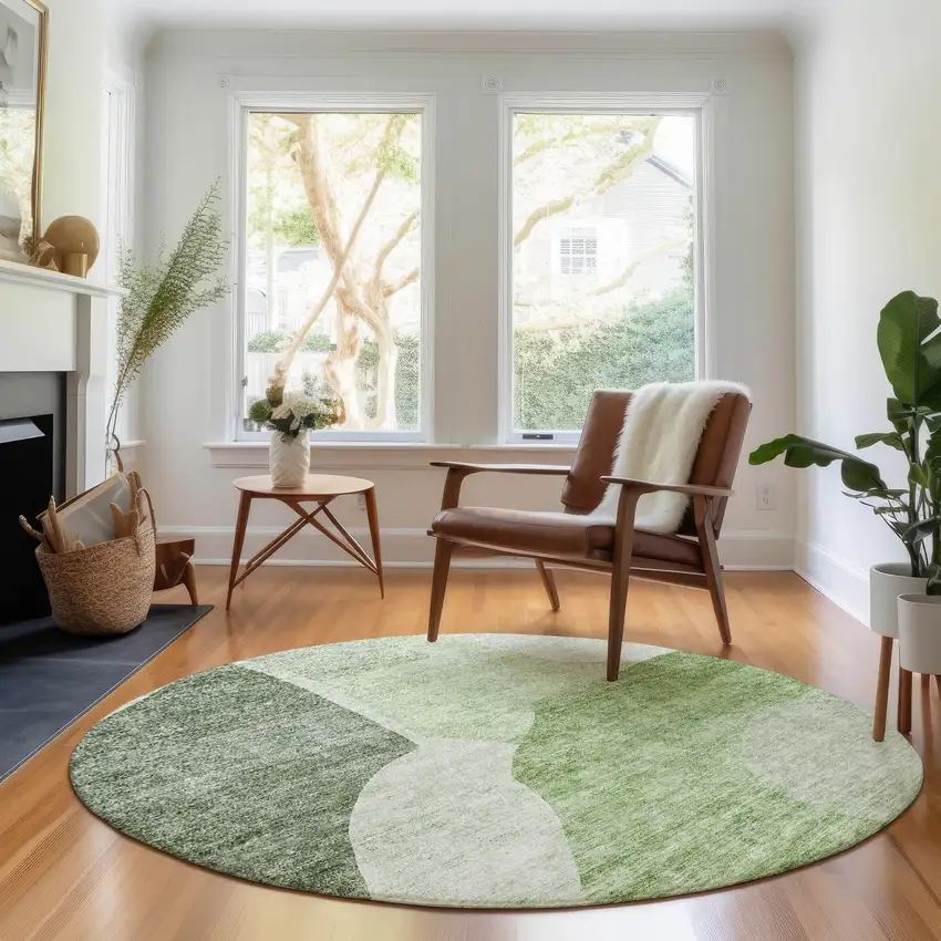8' Artichoke Green And Ivory Abstract Washable Round Rug With UV Protection Photo 5