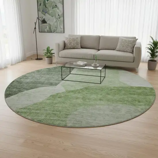 8' Artichoke Green And Ivory Abstract Washable Round Rug With UV Protection Photo 2