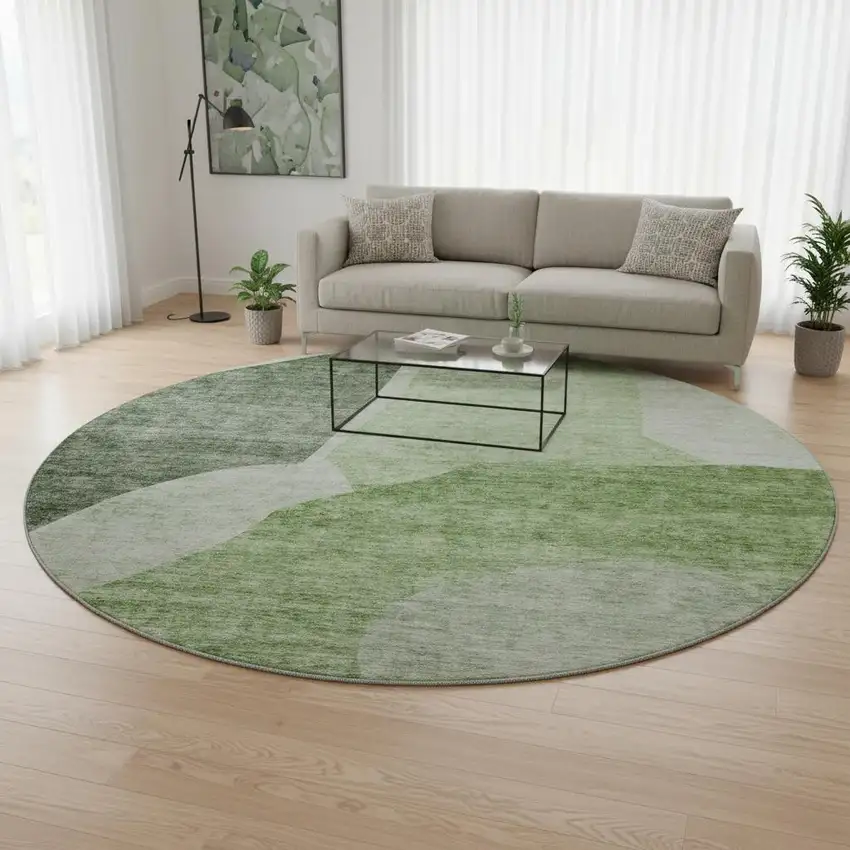 8' Artichoke Green And Ivory Abstract Washable Round Rug With UV Protection Photo 2