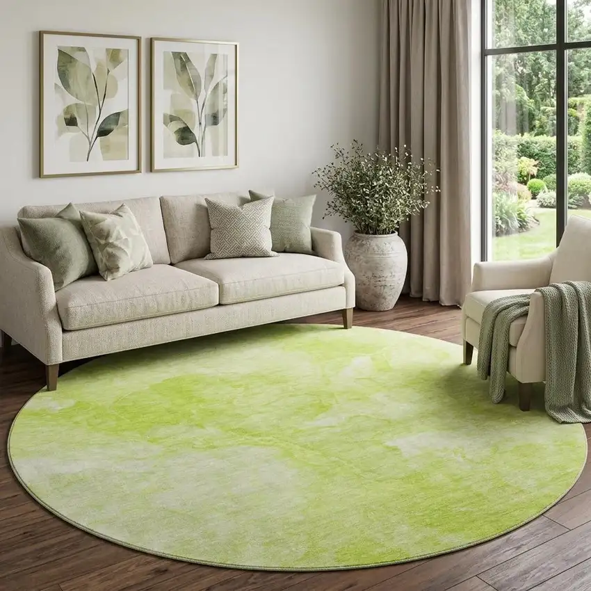 8' Artichoke Green And Ivory Abstract Washable Round Rug With UV Protection Photo 1