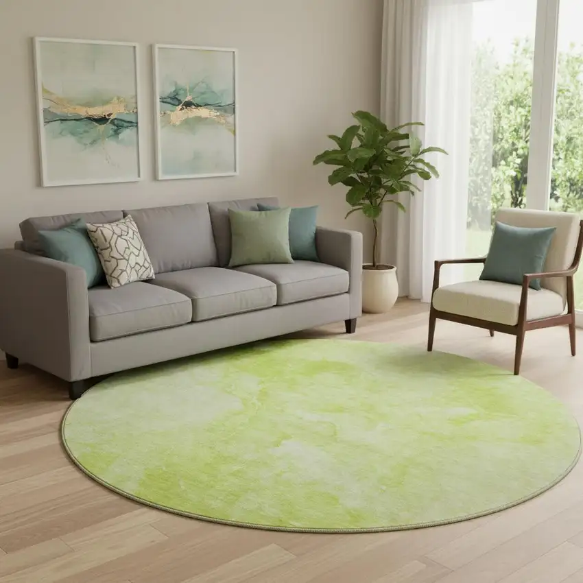 8' Artichoke Green And Ivory Abstract Washable Round Rug With UV Protection Photo 1