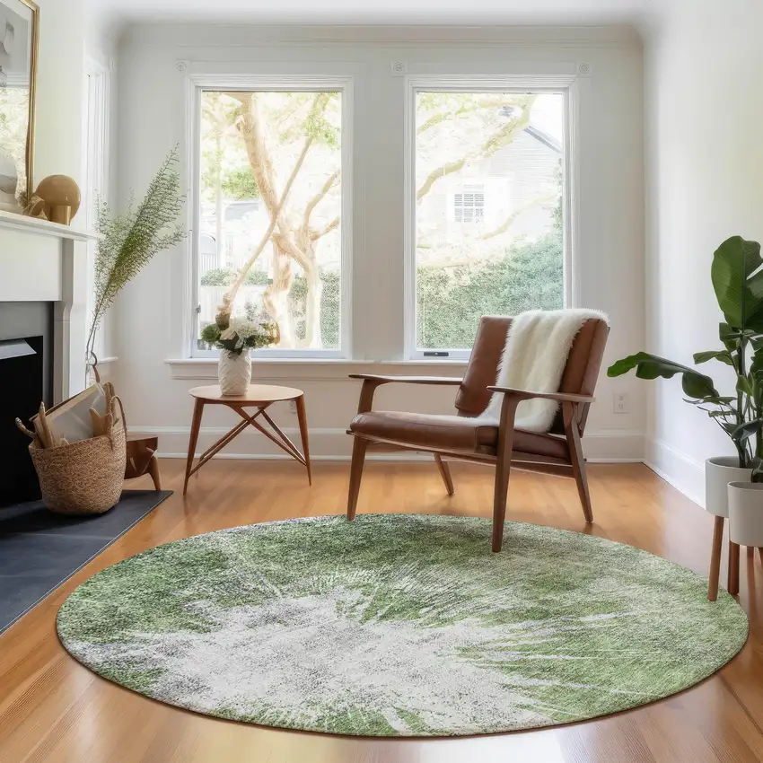 8' Artichoke Green And Ivory Abstract Washable Round Rug With UV Protection Photo 4