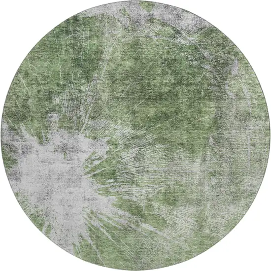 8' Artichoke Green And Ivory Abstract Washable Round Rug With UV Protection Photo 1