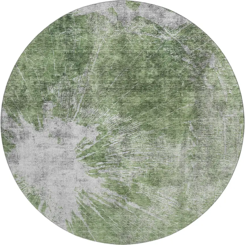 8' Artichoke Green And Ivory Abstract Washable Round Rug With UV Protection Photo 1