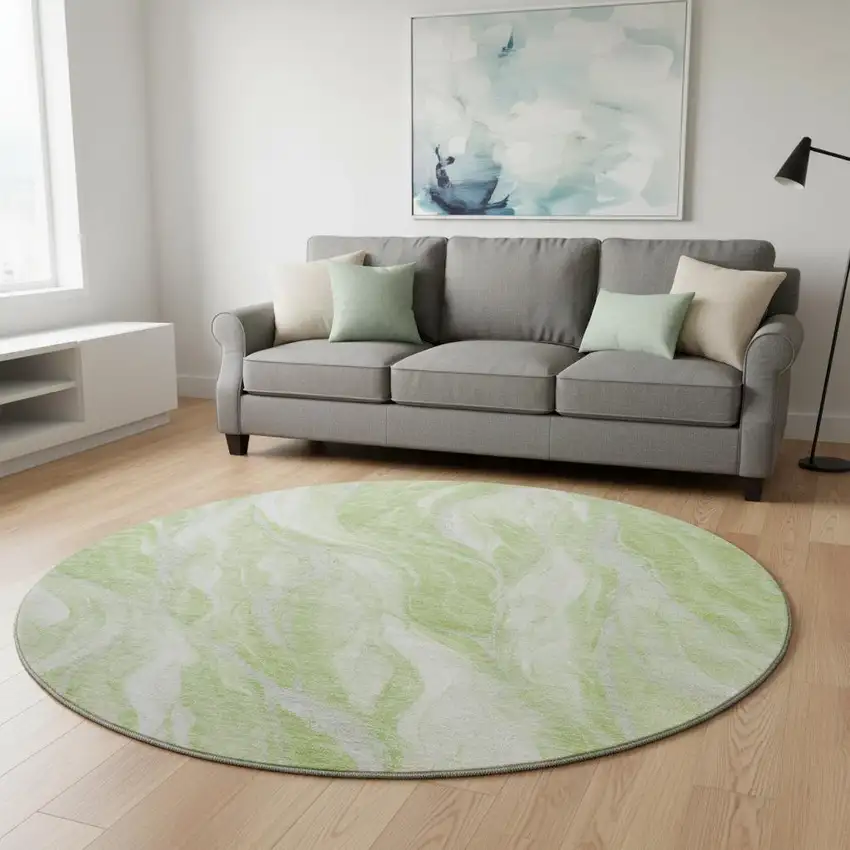 8' Artichoke Green And Ivory Abstract Washable Round Rug With UV Protection Photo 2