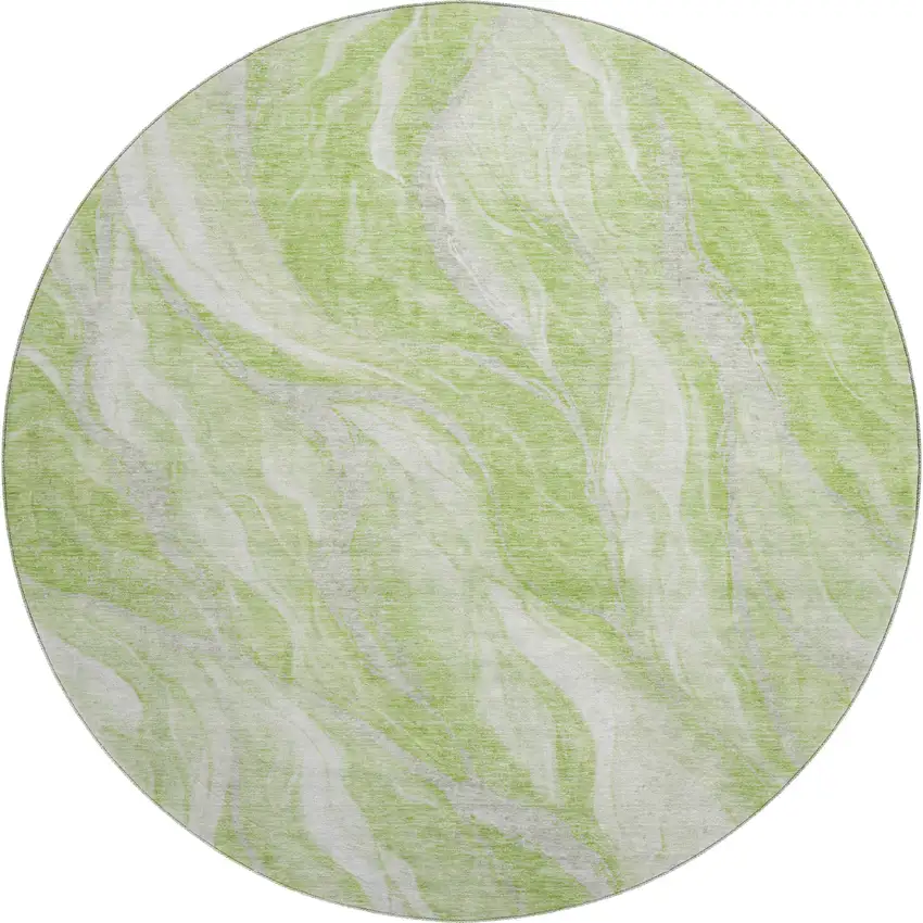 8' Artichoke Green And Ivory Abstract Washable Round Rug With UV Protection Photo 1