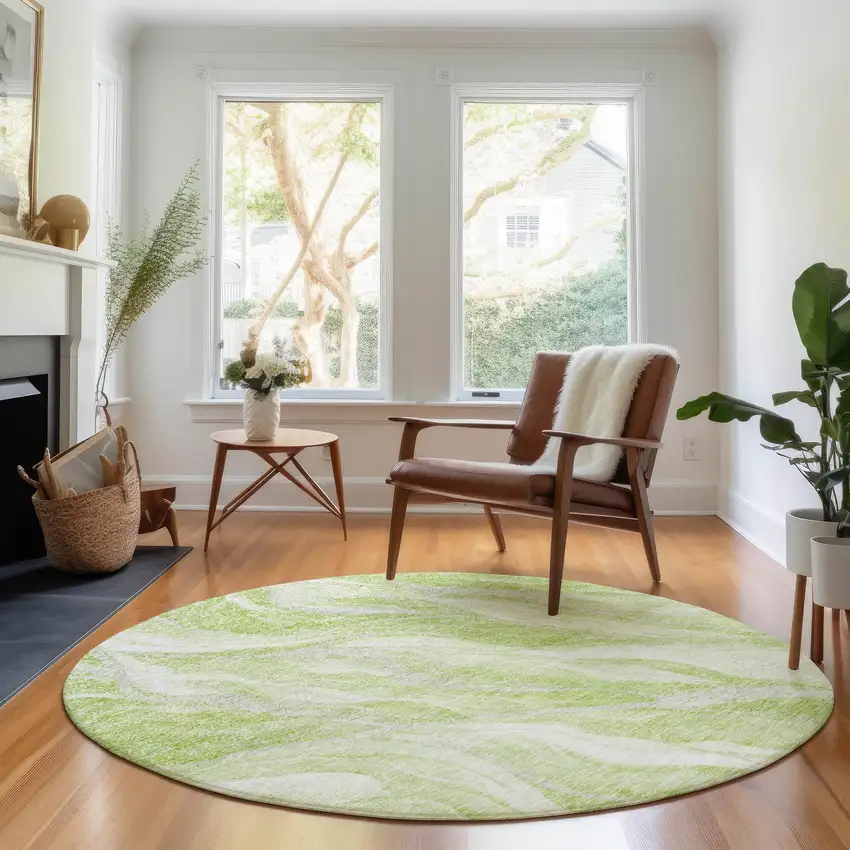 8' Artichoke Green And Ivory Abstract Washable Round Rug With UV Protection Photo 5