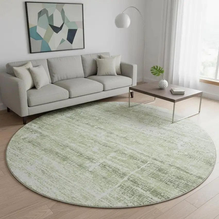8' Artichoke Green And Ivory Abstract Washable Round Rug With UV Protection Photo 2