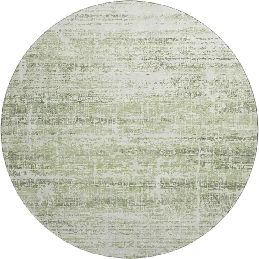 8' Artichoke Green And Ivory Abstract Washable Round Rug With UV Protection Photo 1