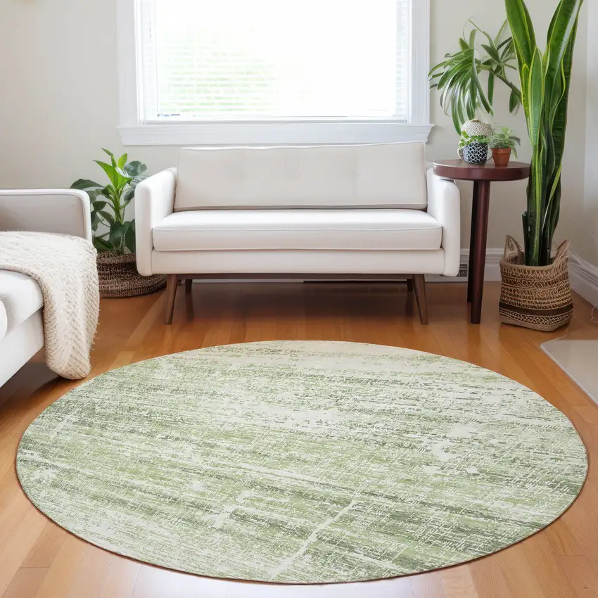 8' Artichoke Green And Ivory Abstract Washable Round Rug With UV Protection Photo 5