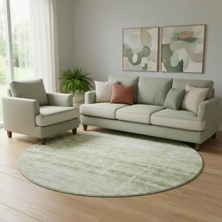 8' Artichoke Green And Ivory Abstract Washable Round Rug With UV Protection Photo 1