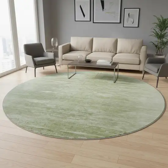 8' Artichoke Green And Ivory Abstract Washable Round Rug With UV Protection Photo 2