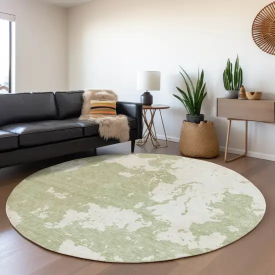 8' Artichoke Green And Ivory Abstract Washable Round Rug With UV Protection Photo 4