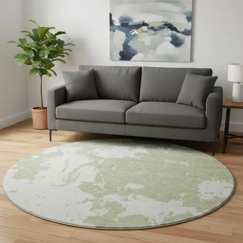 8' Artichoke Green And Ivory Abstract Washable Round Rug With UV Protection Photo 2