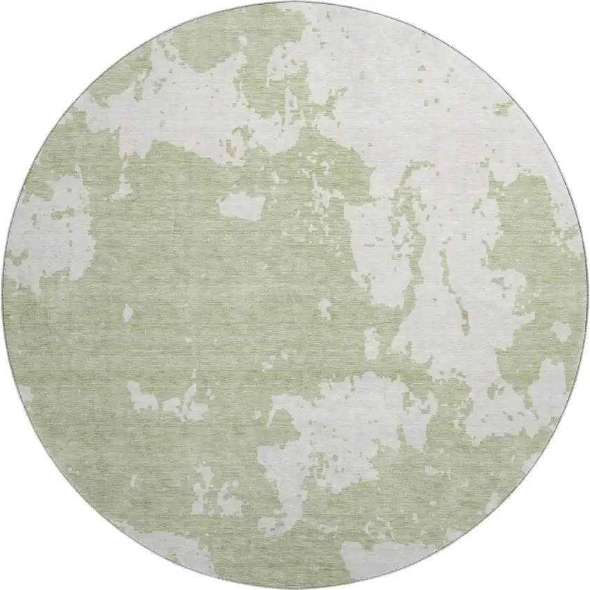 8' Artichoke Green And Ivory Abstract Washable Round Rug With UV Protection Photo 1