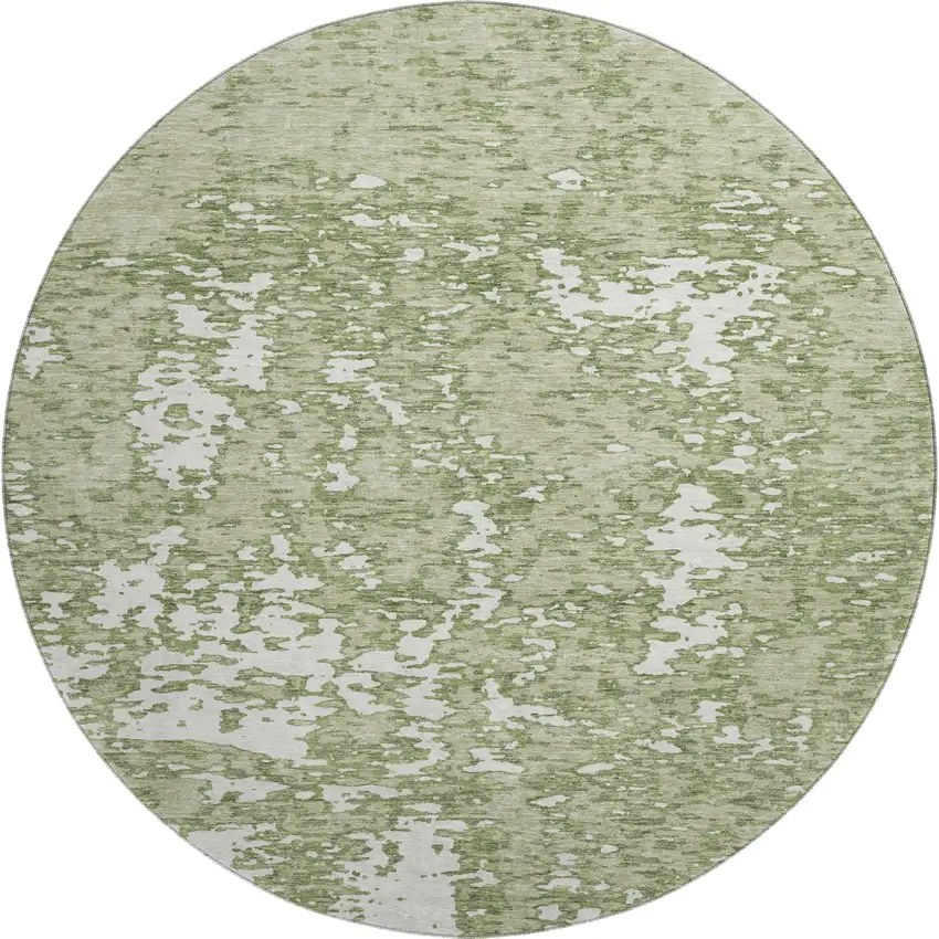 8' Artichoke Green And Ivory Abstract Washable Round Rug With UV Protection Photo 1